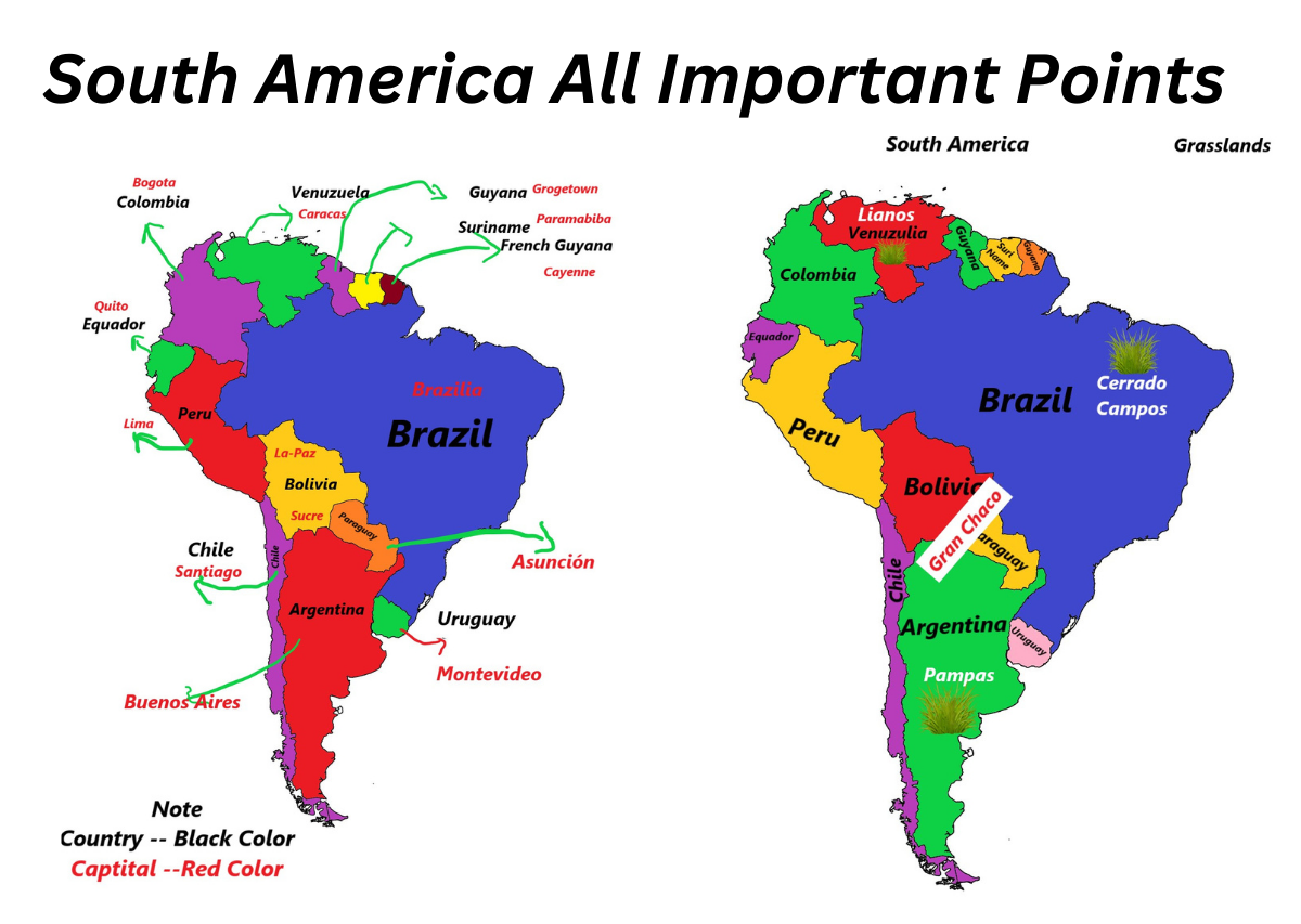 South America All country & capitals. Important Lakes, Grasslands, desert, Plautus, mountains and Rivers For study 2024.